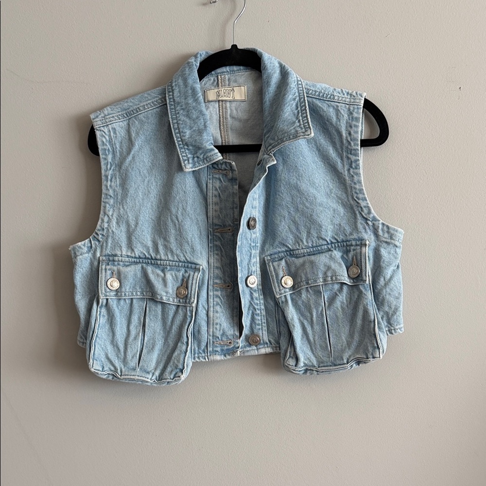 Mavi Light Blue Cropped Denim Vest with Flap Pockets